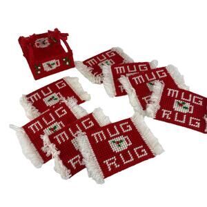 Vintage 8 Coaster Set Mug Rug Plastic Canvas Yarn Needlepoint Craft Holiday